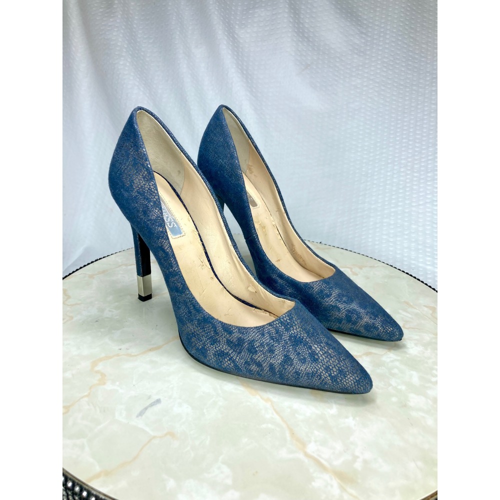 Guess Snakeskin Print Pointed Toe Stiletto Pumps Women Sz 8.5 Blue Mesh Evening